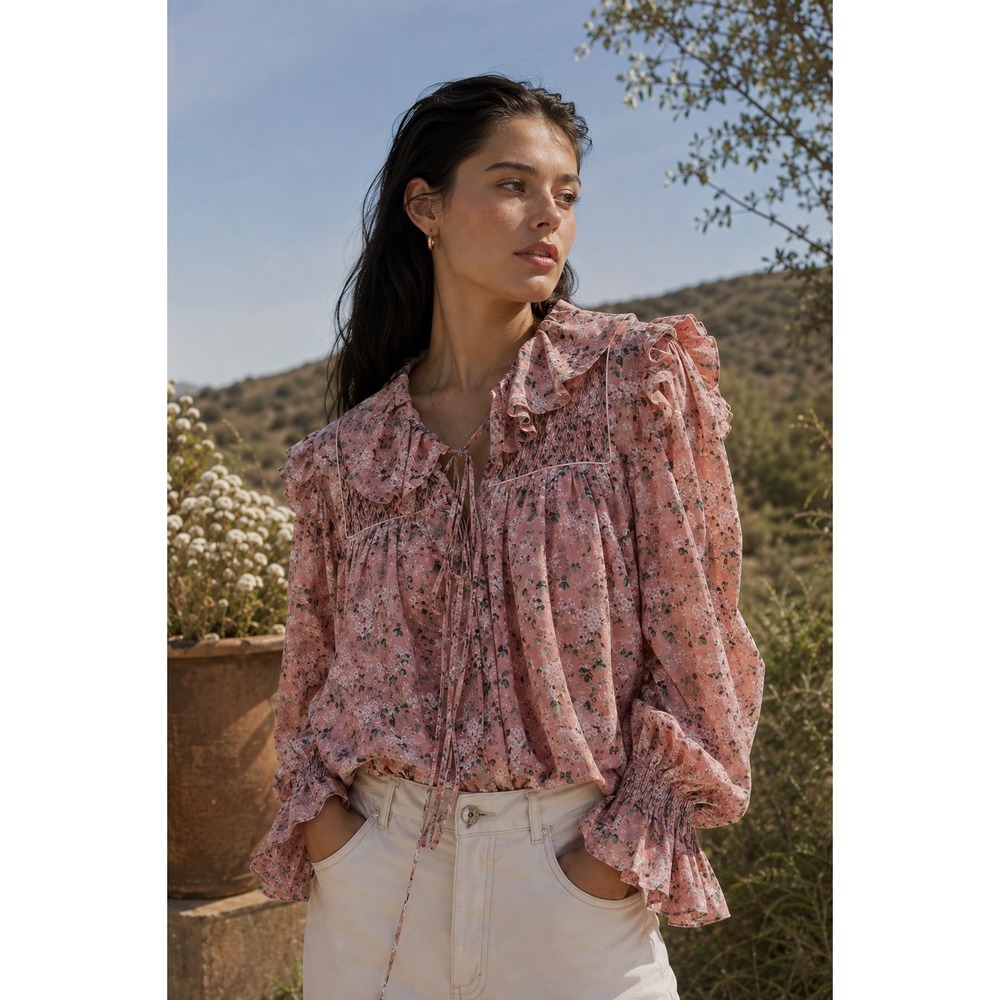 Horror Vacui Defensia Floral Ruched Long Sleeve Pullover Top Size XS Pink